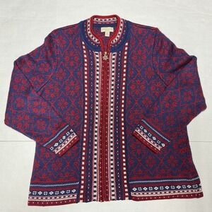 Appleseeds Plus Size 1X Wool Blend Zip Cardigan Sweater Fair Isle Nordic Ski